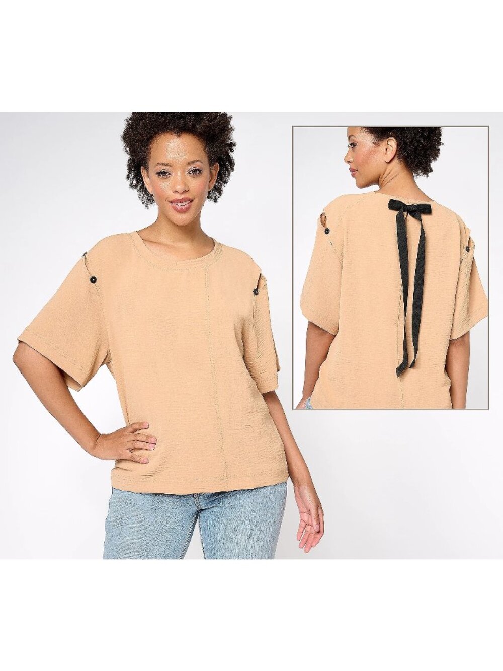 Attitudes by Renee Top 2X Linen Drop Shoulder Tee w/Bow Detail Tuscan Sand NEW